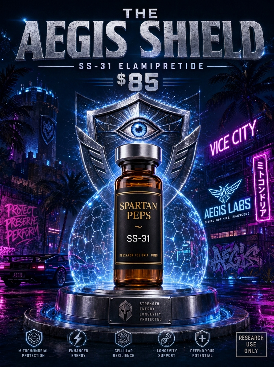 The Aegis Shield — SS-31 Elamipretide vial poster art