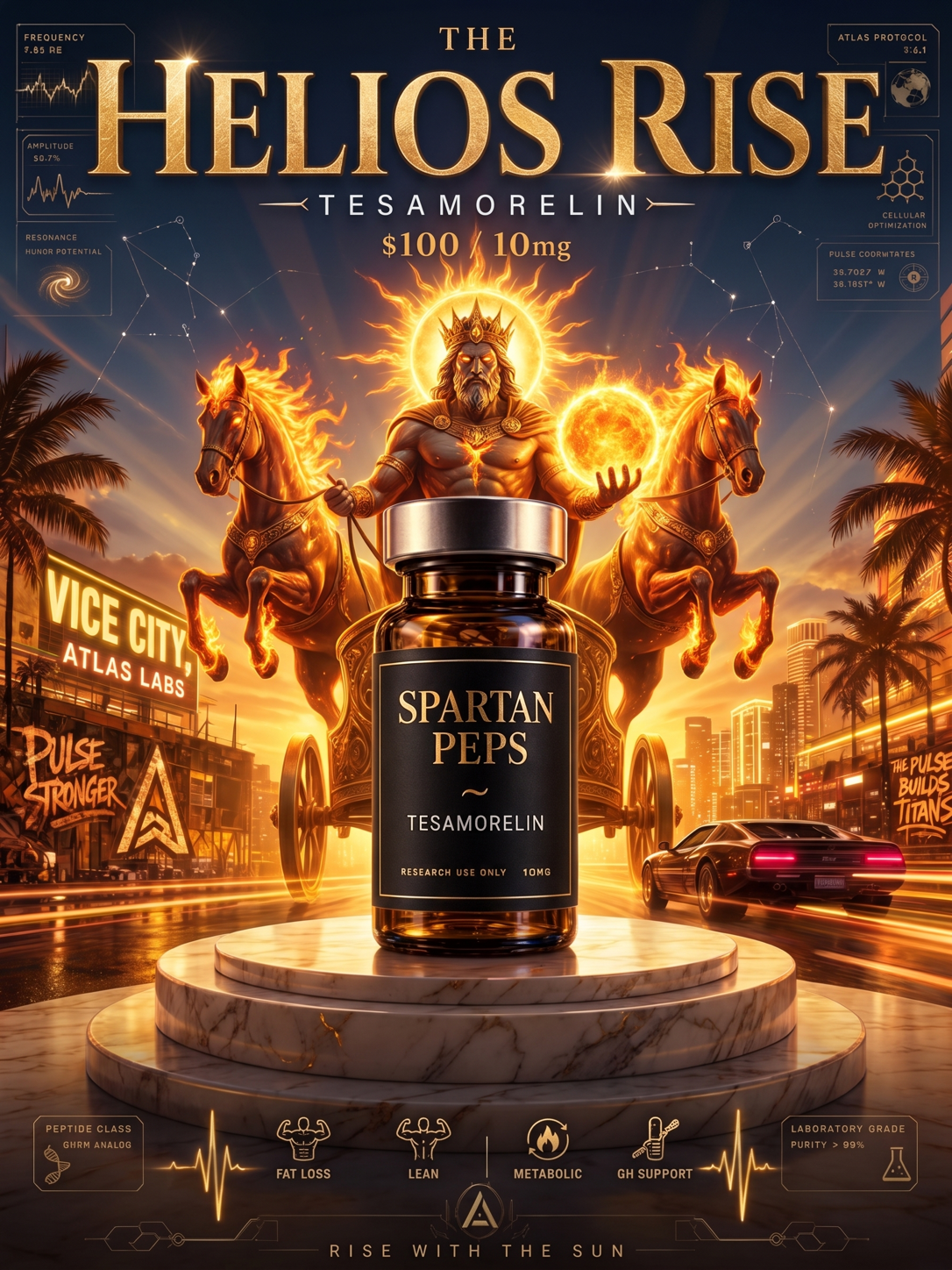 The Helios Rise — Tesamorelin vial poster art