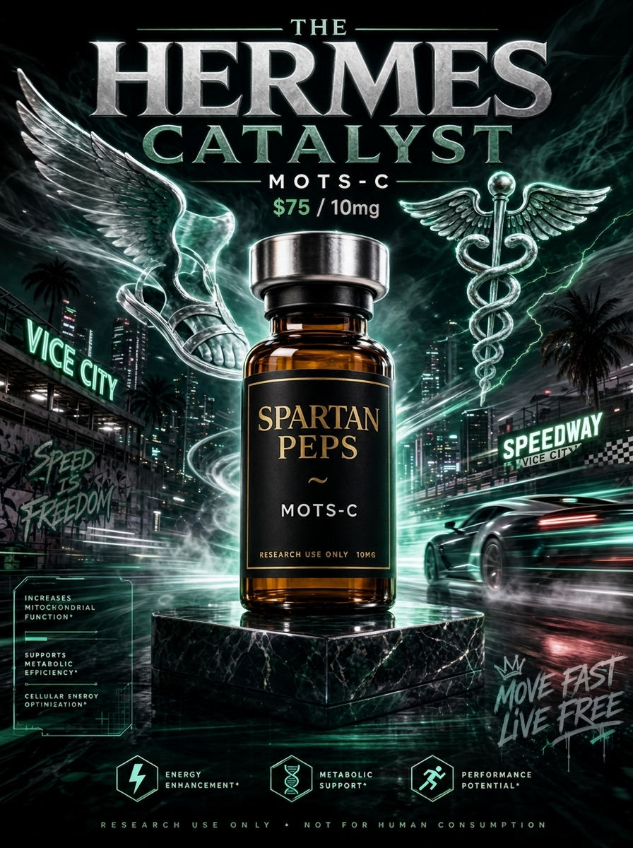The Hermes Catalyst — MOTS-c vial poster art