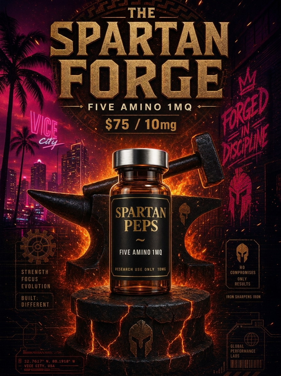 The Spartan Forge — Five Amino 1MQ vial poster art